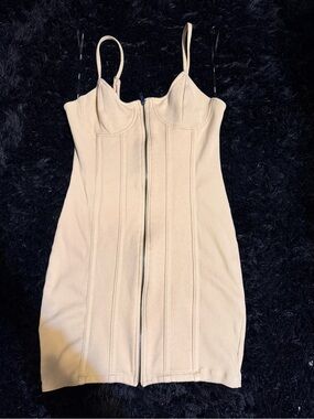 Beige Ribbed Zip-Front Bodycon Dress